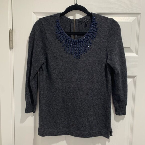 J. Crew Womens Size XS Gray Jeweled Starburst Beaded Wool Blend Sweater - Picture 1 of 3